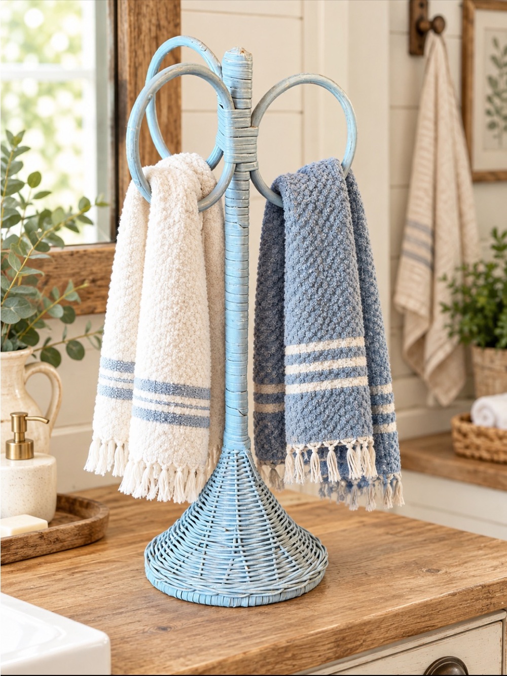 Vintage 1980s Wicker Towel Holder. 17"T Country Blue | Cottagecore | Farmhouse